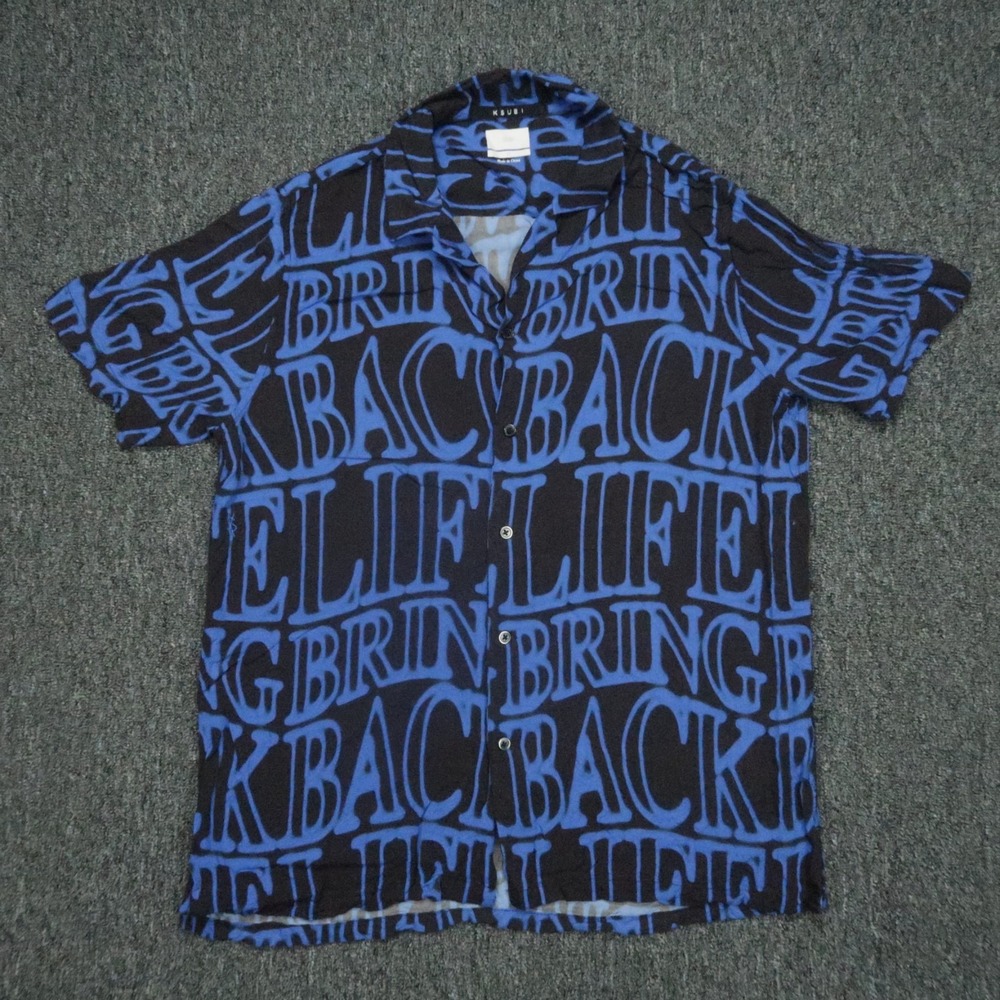 KSUBI Shirt Men Medium Blue Black Short Sleeve Viscose Button Up Lightweight